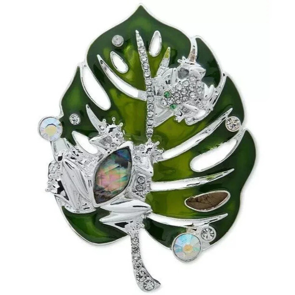 Anne Klein Green Leaf Abalone Detail Silver Frog Pave Accent Lapel Brooch Pin - Picture 4 of 4
